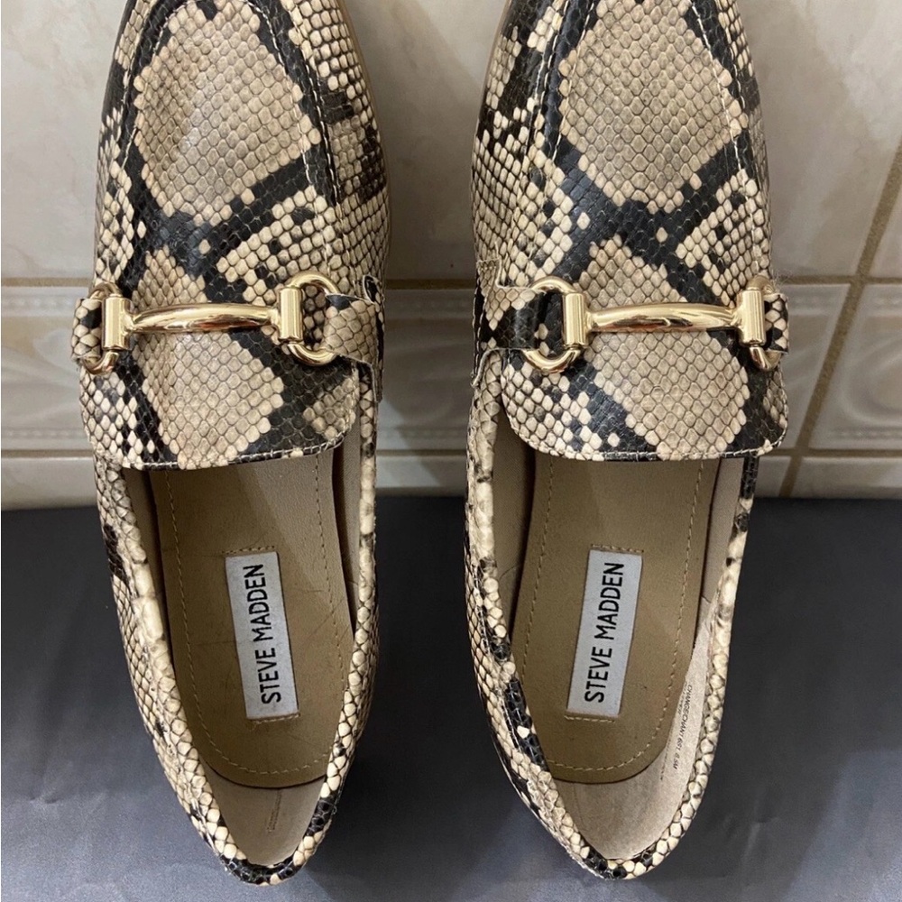 Steve Madden Tan Snake-Print Loafers with Gold Accent